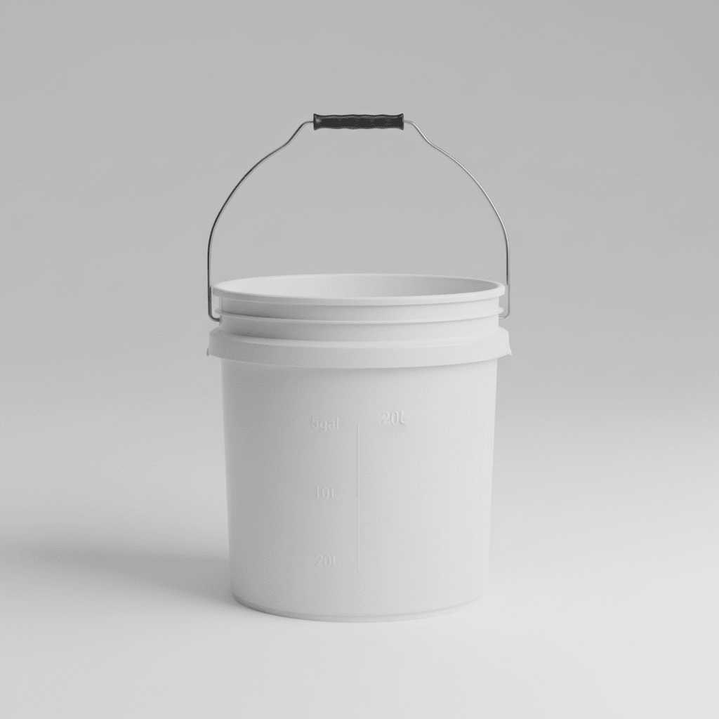 A standard white 5-gallon plastic bucket