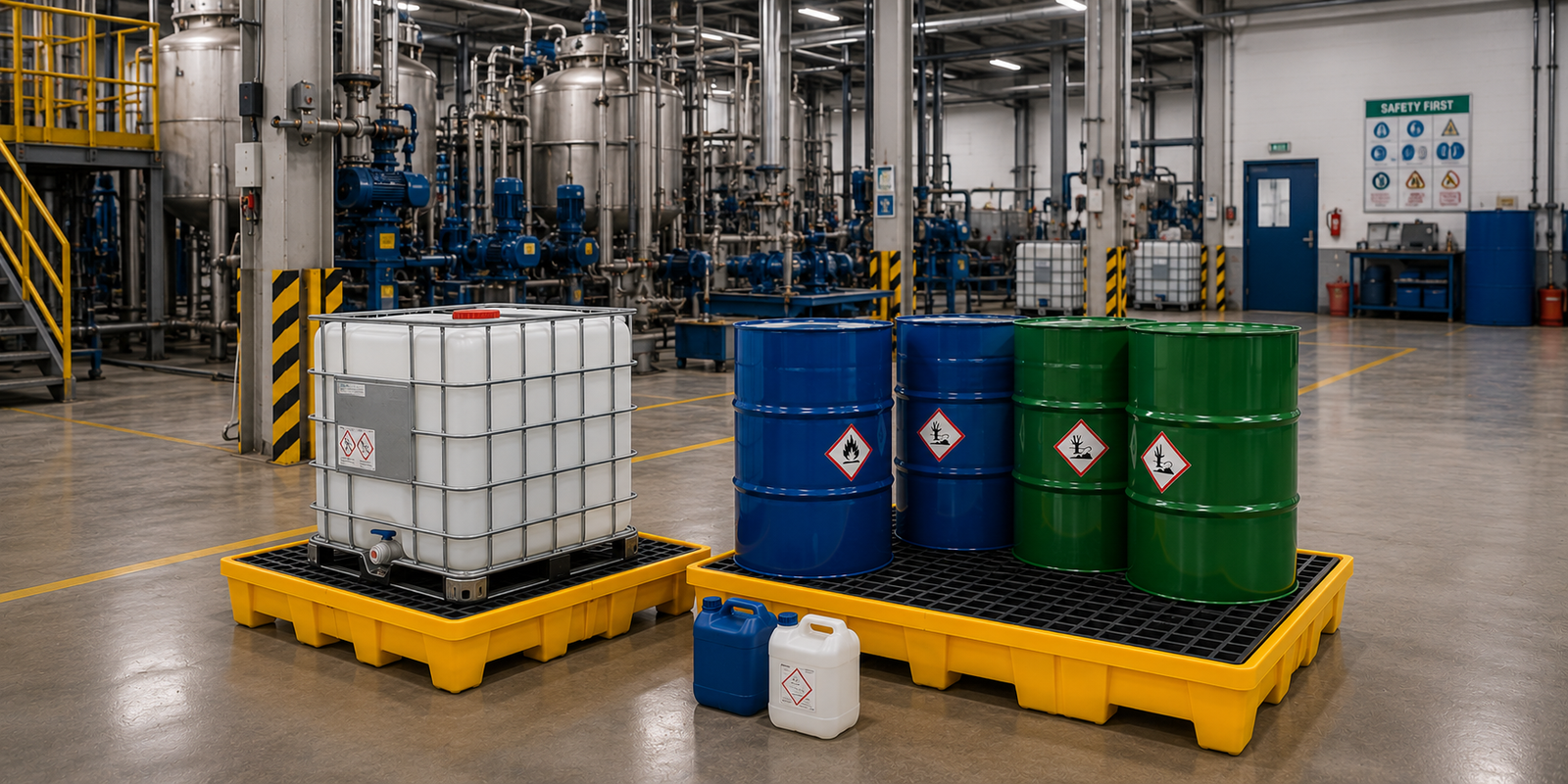 Chemical plant storage facility with industrial drums