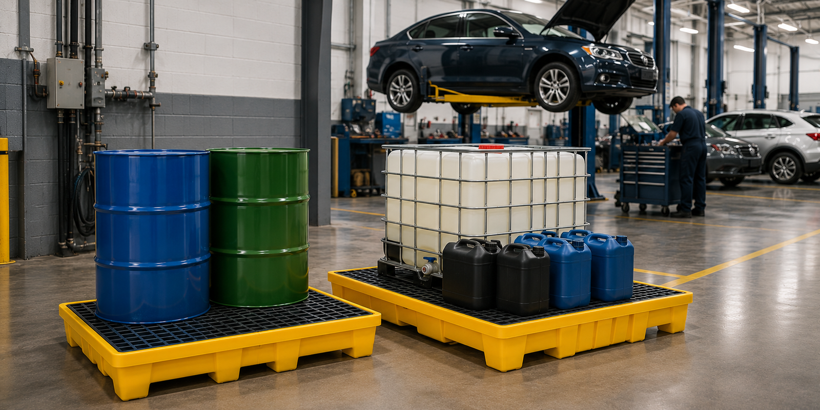Automotive workshop with oil storage and spill containment