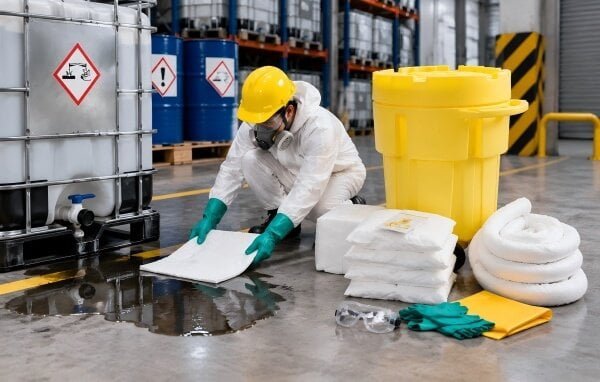 Chemical storage area with drums and containment pallets