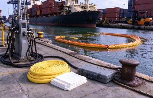 Port and dock area with marine vessels and oil spill containment equipment