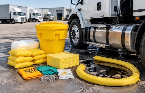 Fleet of trucks at a depot with emergency spill response equipment