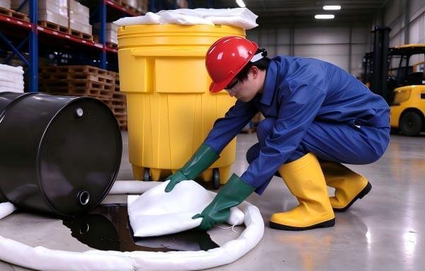 Forklift operating in a warehouse aisle with liquid spill on floor